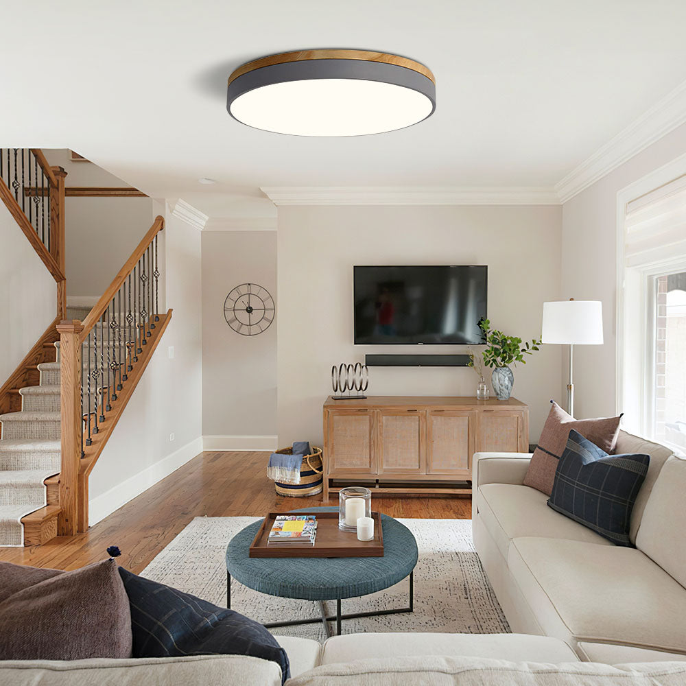 Modern Wood Round Flush Mount Ceiling Lights for Living Room | LED