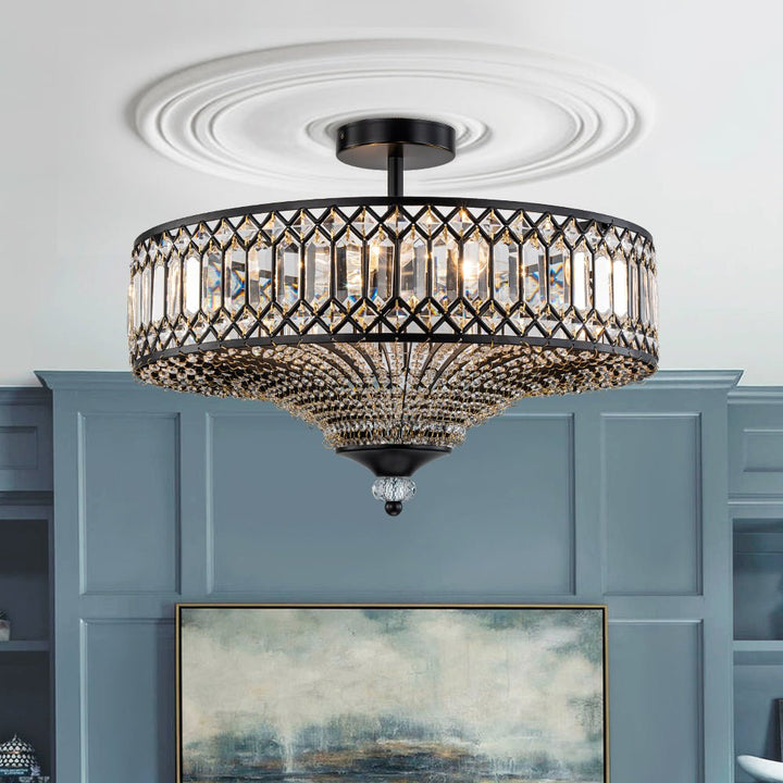 Modern Crystal Drum Semi-Flush Mount Ceiling Light | Carved