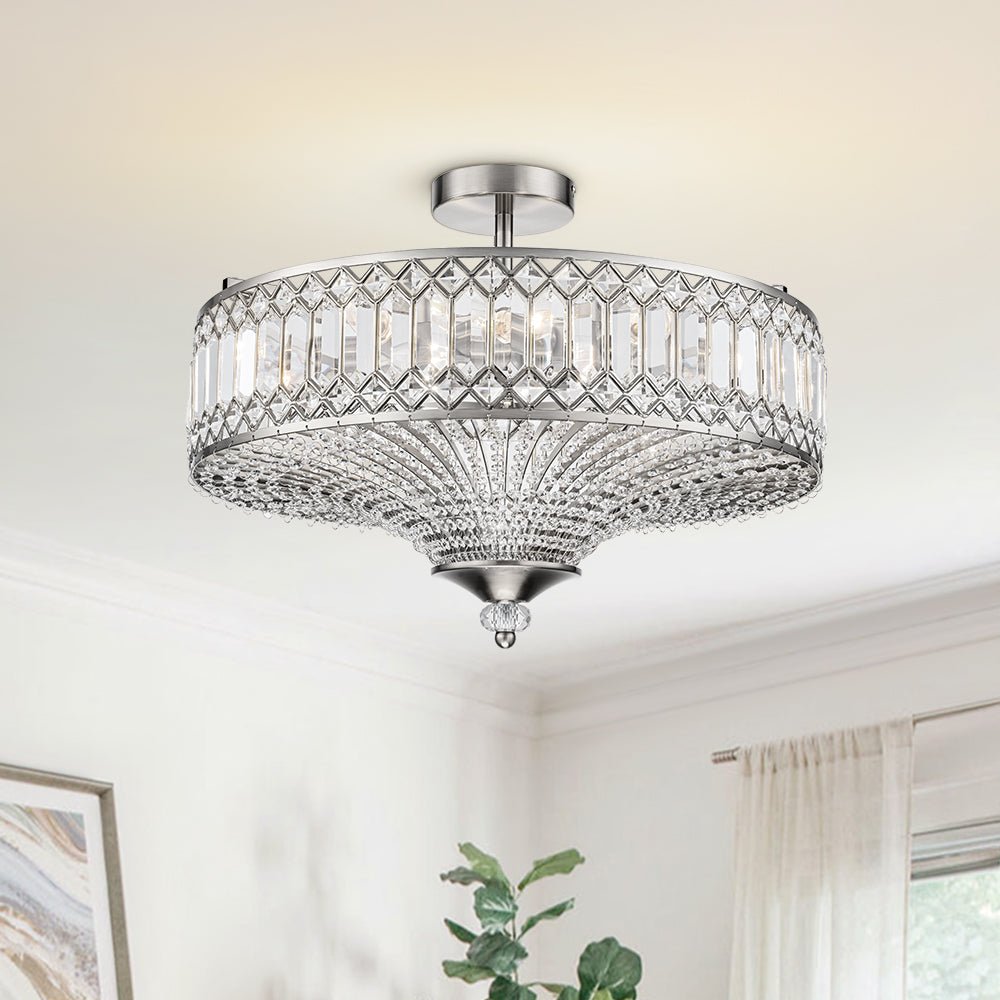 Modern Crystal Drum Semi-Flush Mount Ceiling Light | Carved