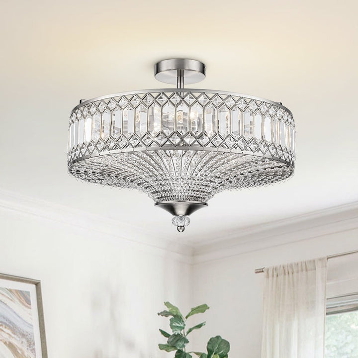 Modern Crystal Drum Semi-Flush Mount Ceiling Light | Carved