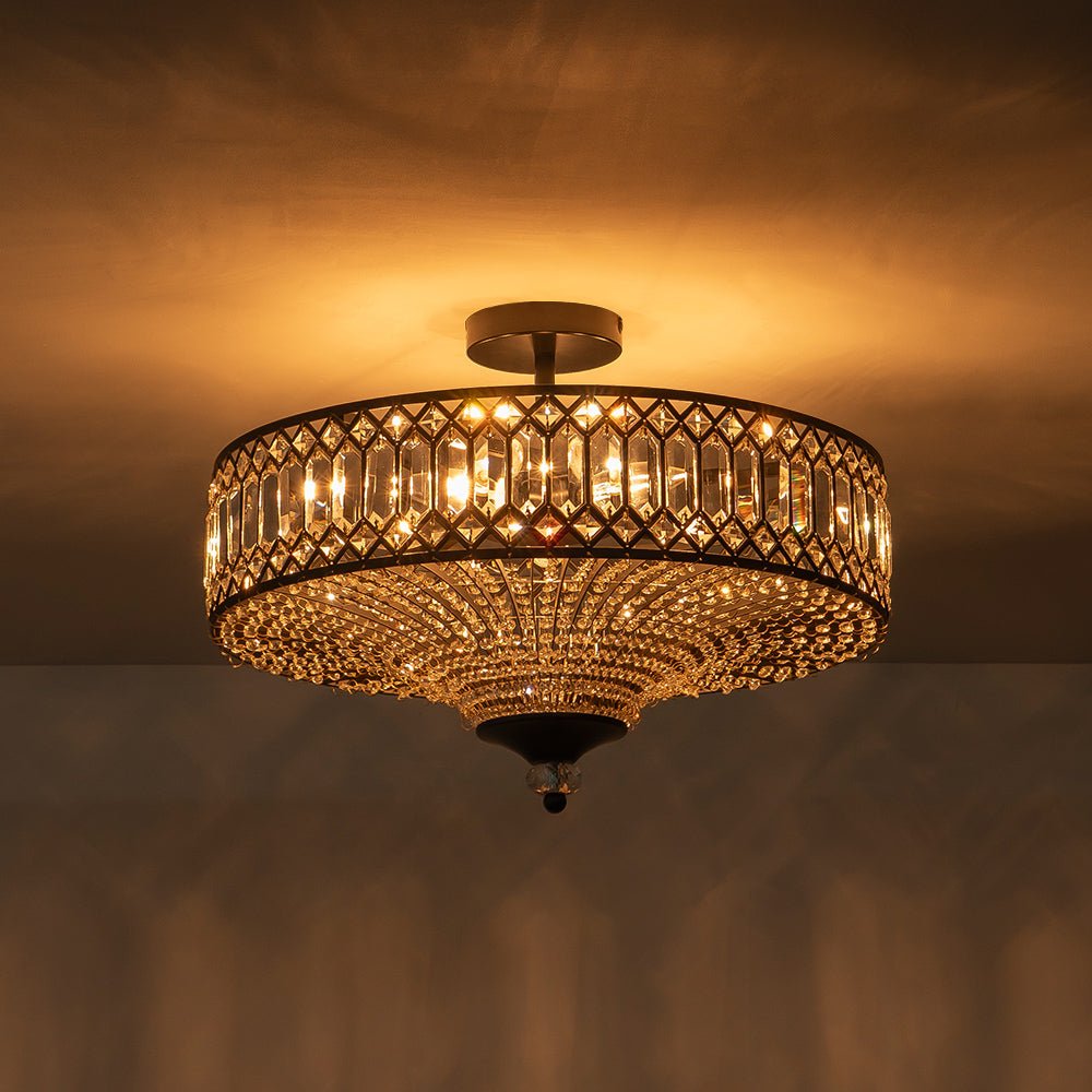 Modern Crystal Drum Semi-Flush Mount Ceiling Light | Carved