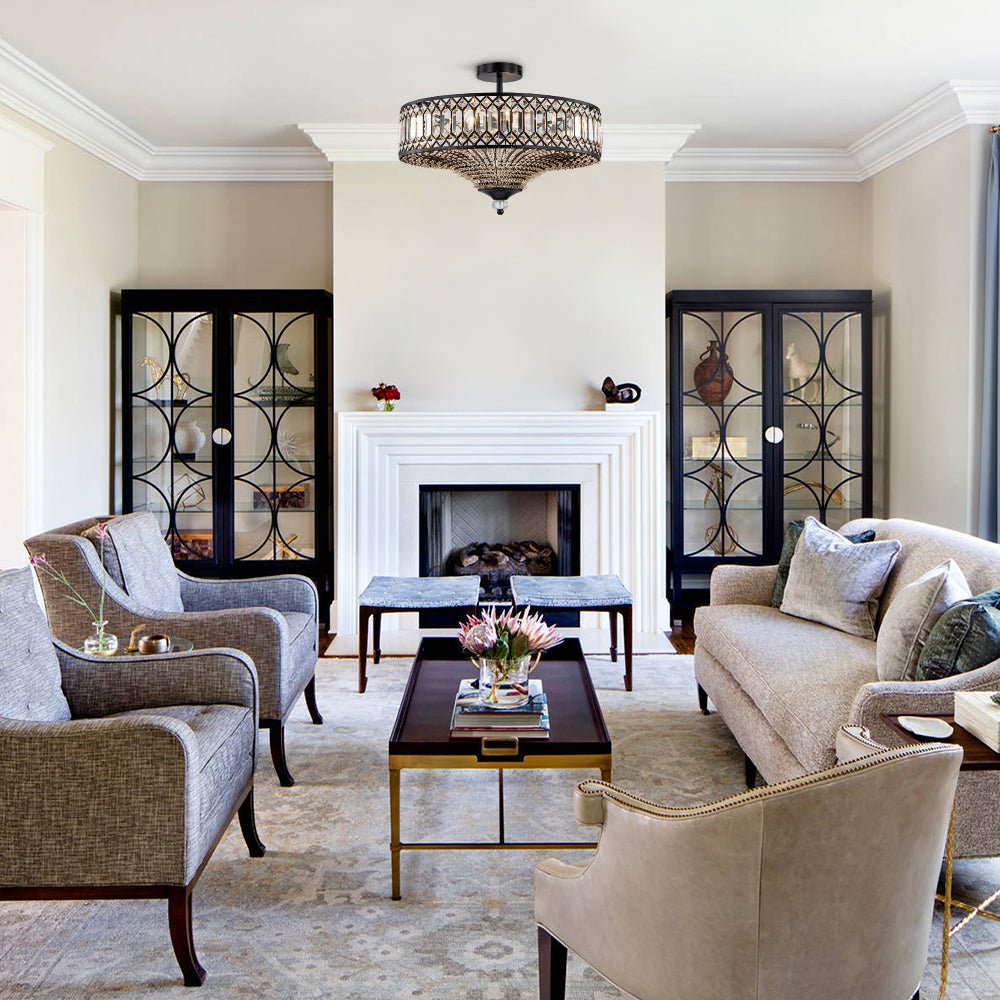 Modern Crystal Drum Semi-Flush Mount Ceiling Light | Carved