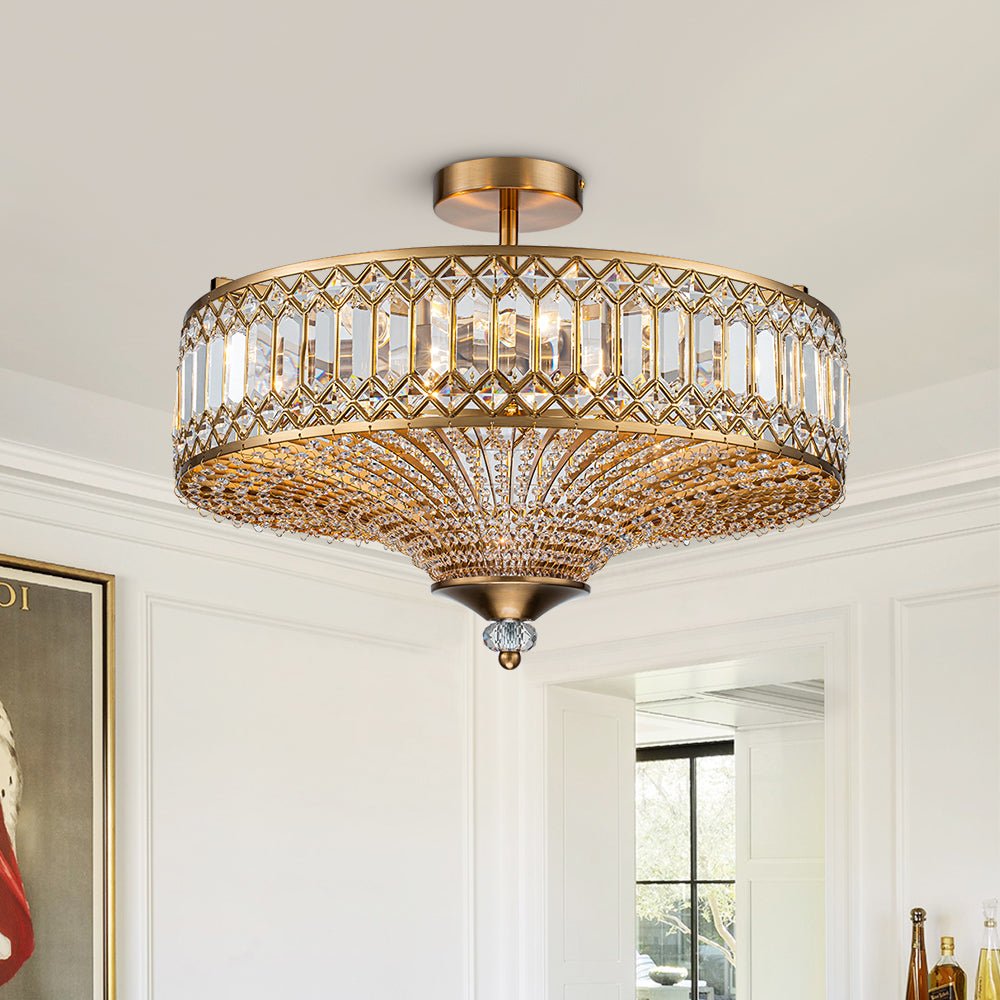 Modern Crystal Drum Semi-Flush Mount Ceiling Light | Carved